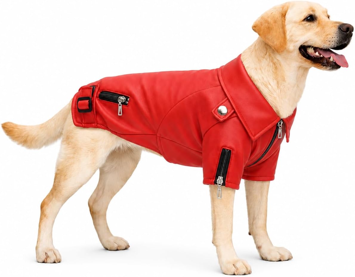 Lovelonglong Cool Dog Leather Jacket, Warm Coats Dogs Windproof Cold Weather Coats for Large Medium Small Dogs with Eagle Embroidery Black XS
