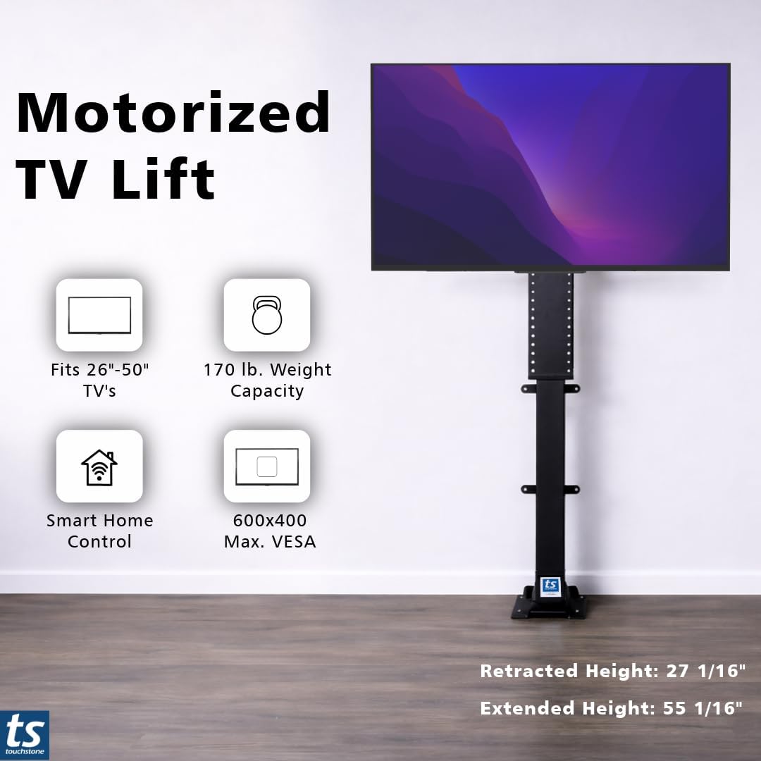Touchstone Valueline 30003 Smart Motorized TV Lift for 26–50” TVs – Pop-Up Cabinet Mount, Alexa & Google Enabled, 5-Year Warranty, 28” Travel, 170 lb Capacity, RF & Wired Remotes