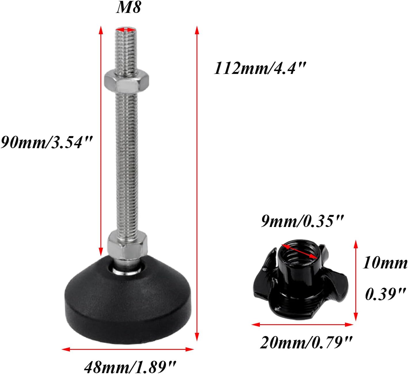 Antrader 4Pcs M8 x 2 Inch Steel Adjustable Leveling Feet,2 Inch Nylon Base | Reinforced Articulated Foot Cups for Furniture & Equipment,Anti-slip Dotted Rubber Base,Reduce Vibration & Protect Floors