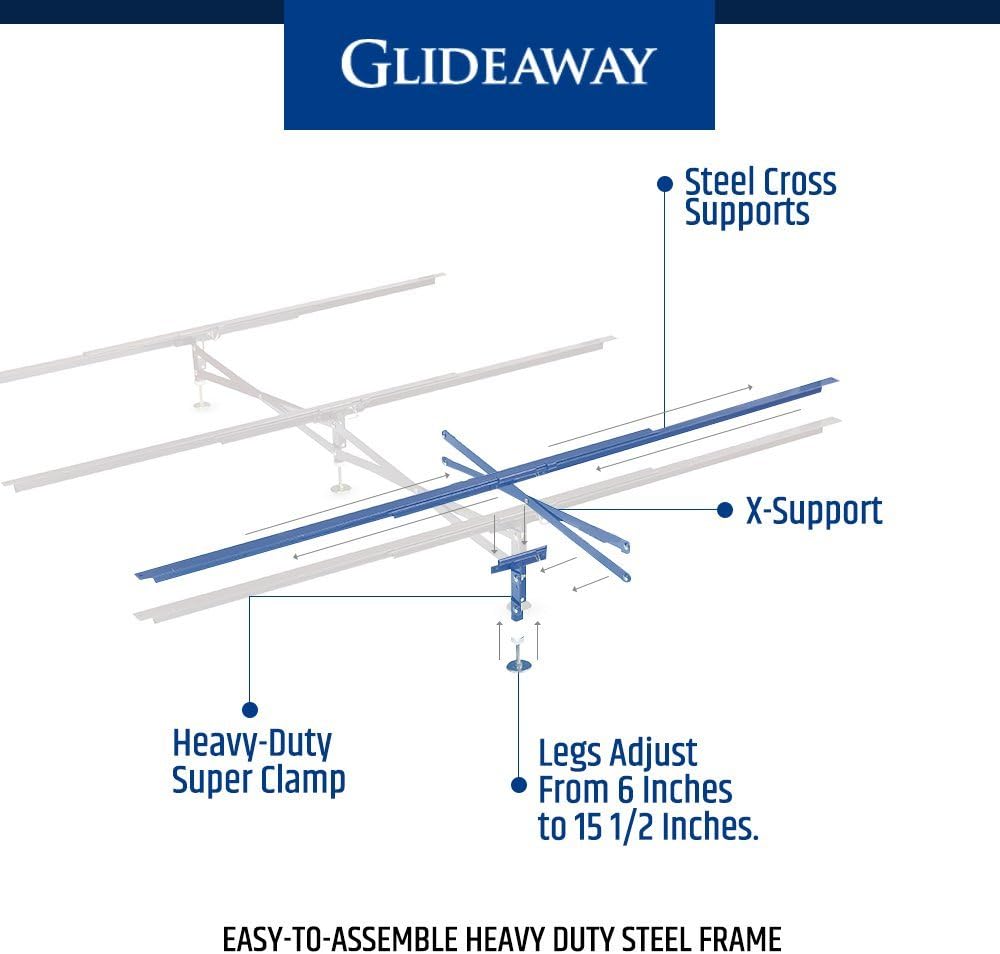 Glideaway X-Support Bed Frame Support System, GS-3 XS Model - 3 Cross Rails and 3 Legs - Strong Center Support Base for Full, Queen and King Mattress