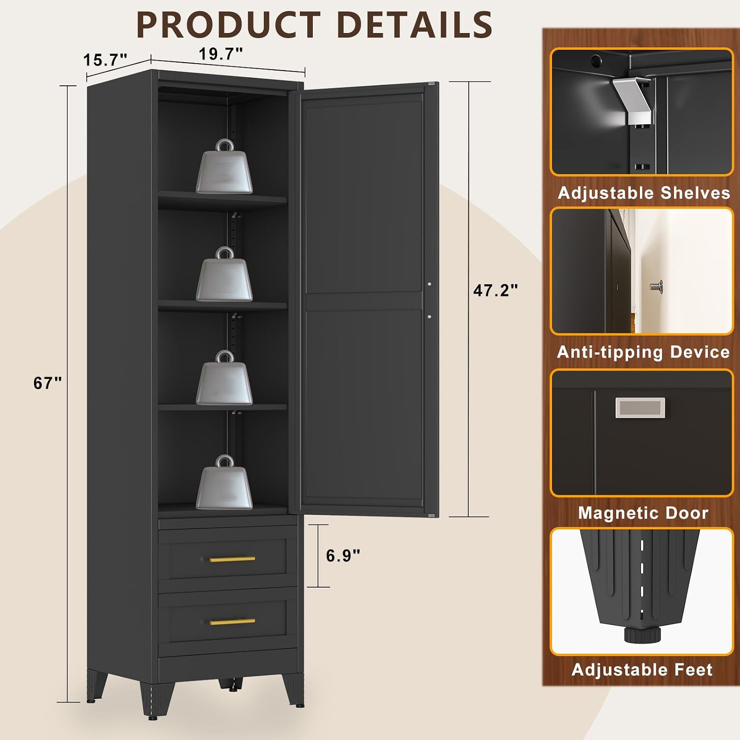 pozdeg 67" Tall Narrow White Metal Storage Cabinet | 2 Doors, 4 Adjustable Shelves, Freestanding Slim Pantry Organizer for Bathroom Kitchen Living Room