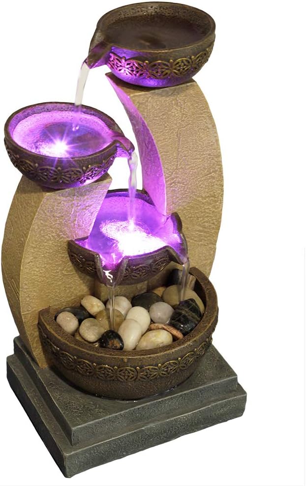 11" H Golden Tiered Bowl Fountain with Color Changing LED Lights with Adapter Brown