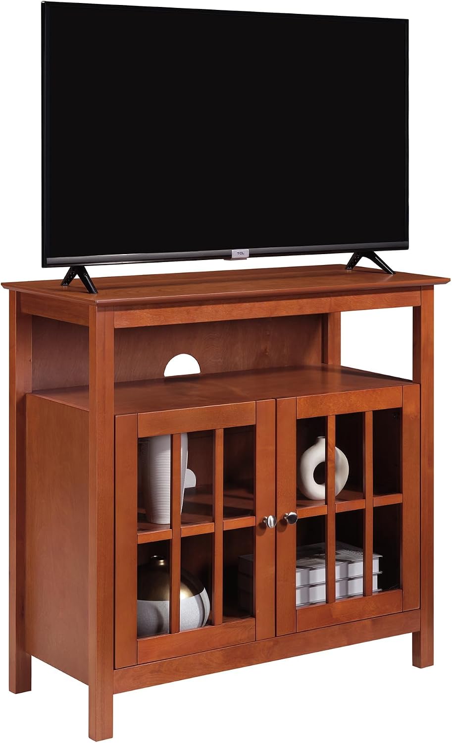 Convenience Concepts Big Sur Highboy TV Stand with Storage Cabinets and Shelves in White Finish