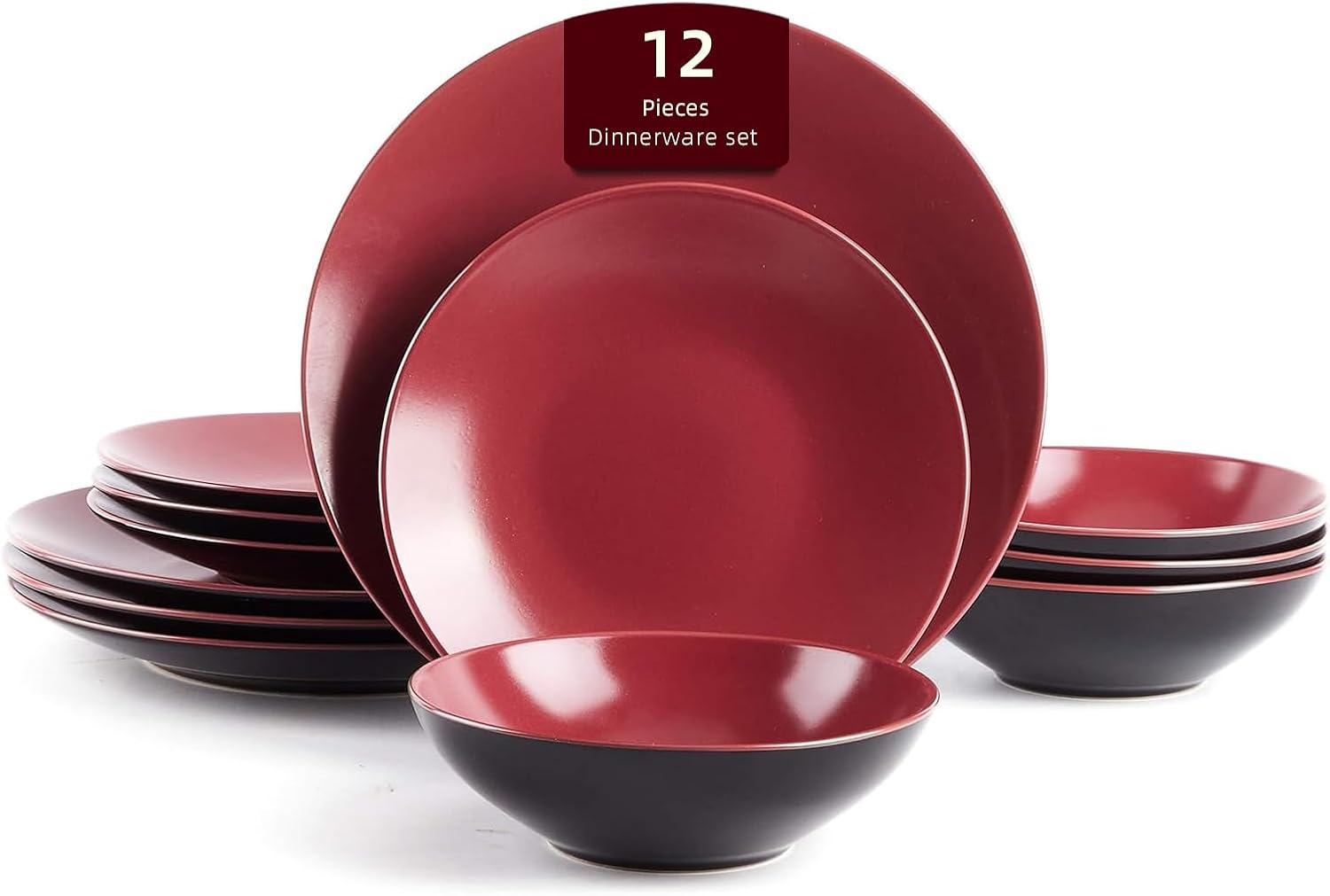 Stoneware Two-Tone Colors Life 16pc Dinner Set，Outside Shiny Black + Inside Matte Glaze Olive