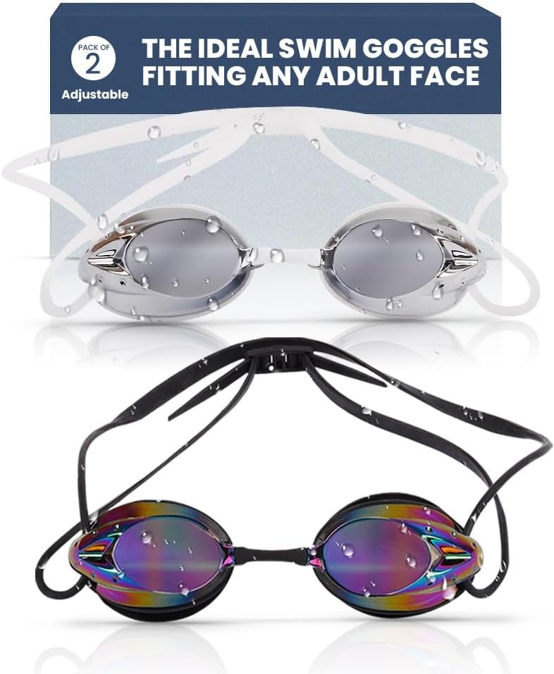 The Friendly Swede Goggles for Women & Men, 3 Nose Pieces & Case | 2 Pack, Wide Angle Lens, Anti Fog Swimming Goggles, 3 sizes of Interchangeable nose bridge (S, M, L), White/Black
