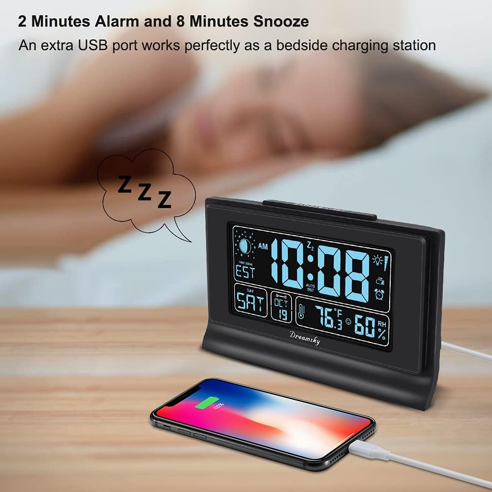DreamSky Alarm Clocks for Bedrooms with Battery Backup, Auto Set | Digital Clock with Date & Day of Week, 5 Inch Large Display, Weekday, Temperature, USB Port, Auto DST, Brightness Dimmer