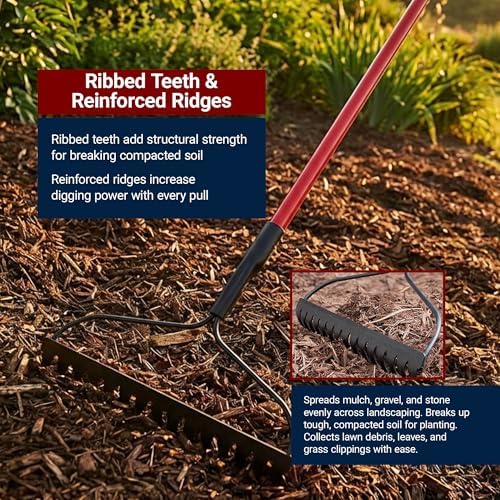 Bow Rake 16" Tines, Heavy Duty Steel Garden Rake for Leaves | 58" Fiberglass Long Handle, Rake For Lawn Debris, Mulch, Soil and Gravel