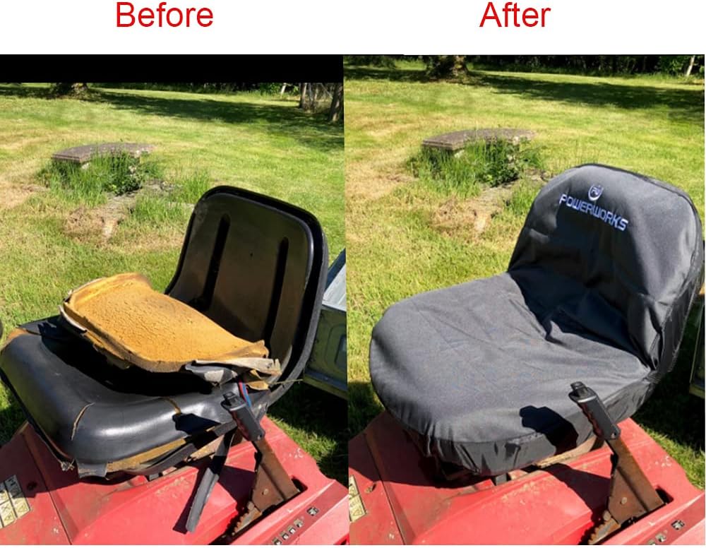 POWERWORKS Weatherproof Deluxe Riding Lawn Mower Seat Cover, Medium, Black | For Seats 12.4-14.1" High, 600D Oxford Cloth, Storage Pockets
