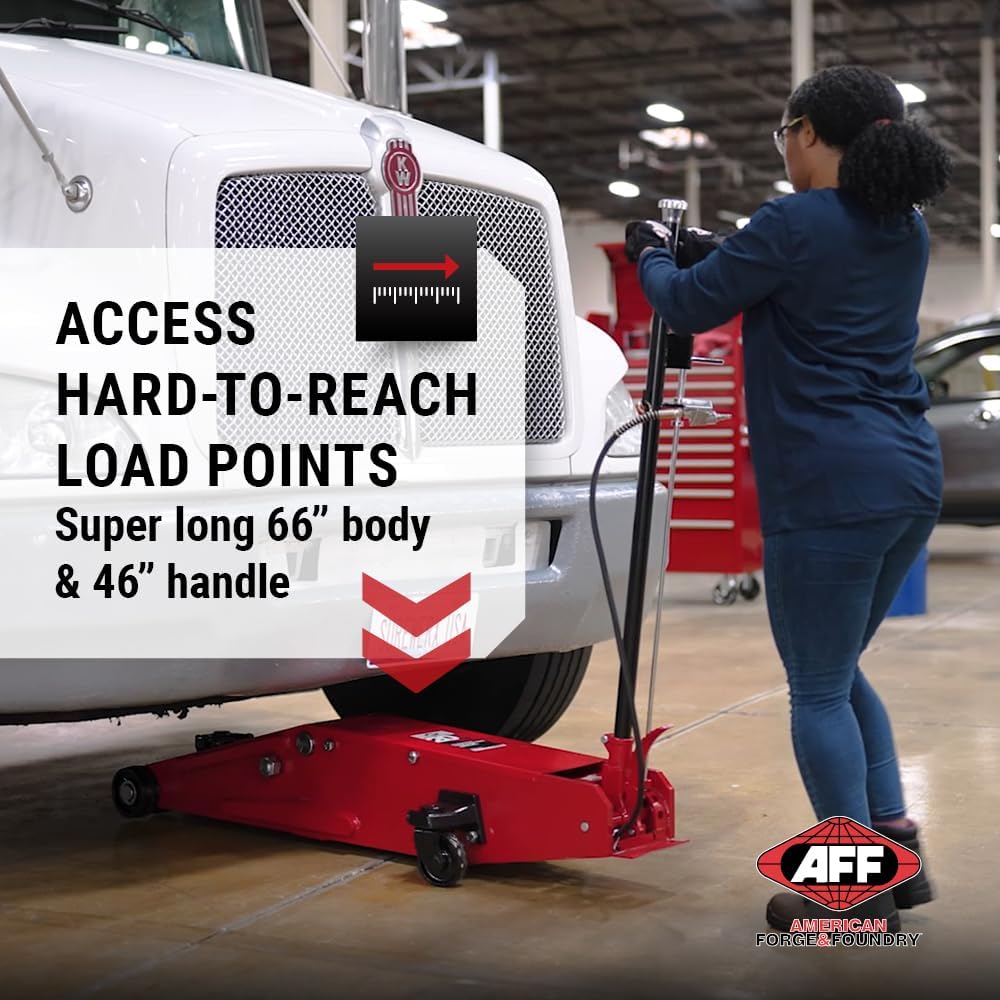 AFF 10 Ton Air Hydraulic Long Chassis Jack - for Long Overhang Vehicles | 10 T Floor Jack with Foot Pump & 3-Position Lock Handle - Ideal for Repair Shops, Bus & Truck Fleets, Heavy Duty Equipment