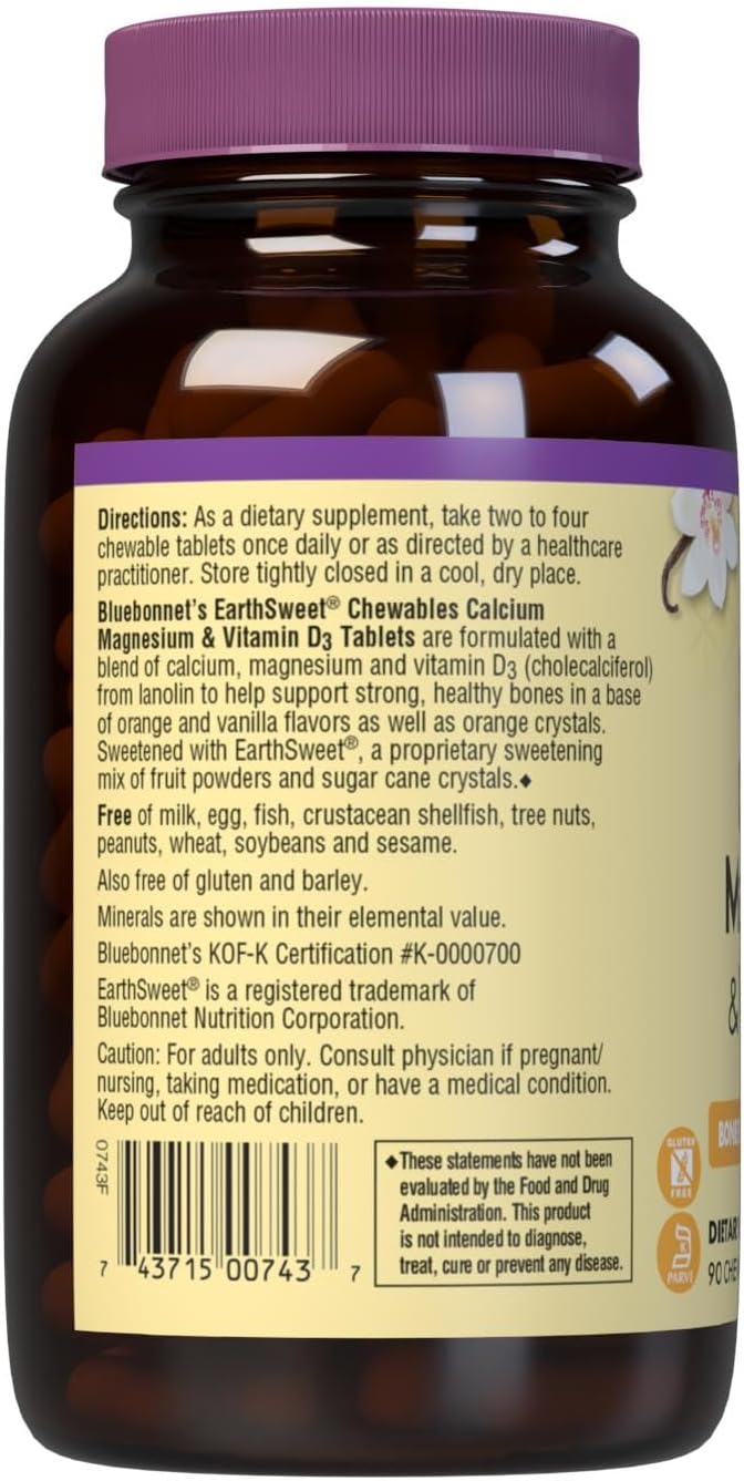Bluebonnet Nutrition Calcium Magnesium Plus Vitamin D3 Earthsweet, Bone Health & Muscle Relaxation, Soy-Free, Gluten-Free, Kosher Certified, Dairy-Free, 90 Vanilla Flavored Chewable Tablets | Bone Health; Kosher Certified, Gluten-Free, Soy-Free, Dairy-Fr…