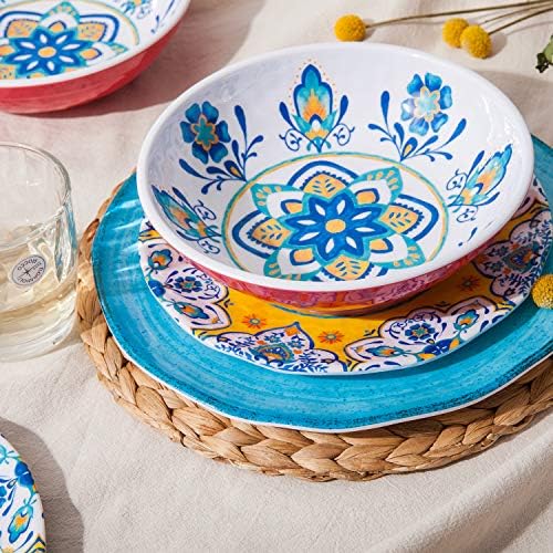 Melamine Dinnerware Set 12 Pcs Durable Dishware Colorful Plate Bowl Set Dishwasher Safe Shatter Proof Chip Resistant Not Microware Not Oven