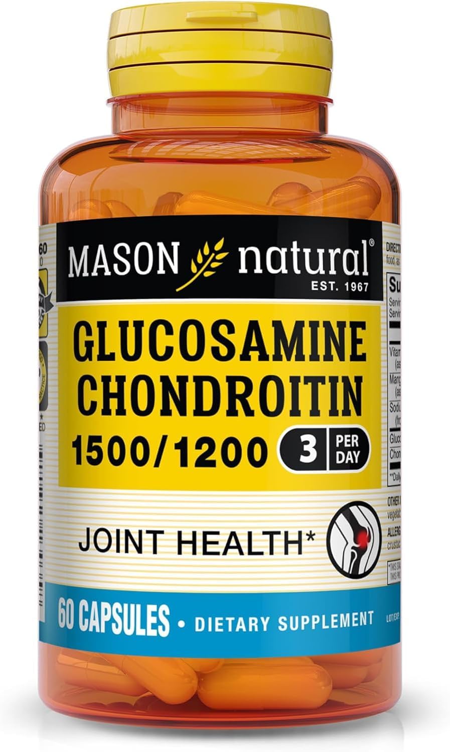 MASON NATURAL Glucosamine Chondroitin 1500/1200 & Vitamin C, 30 Day Supply | 1500mg glucosamine & 1200mg chondroitin with 198mg vitamin C & manganese to support joint cartilage, flexibility & mobility
