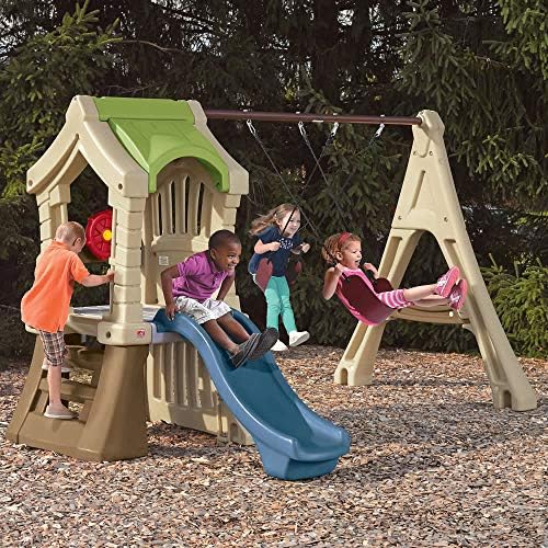 Step2 Play Up Gym Set for Kids, Outdoor Swing Set, Backyard Slide, Swings, Playhouse, & Crawl Space, Two Tier, Easy Set Up