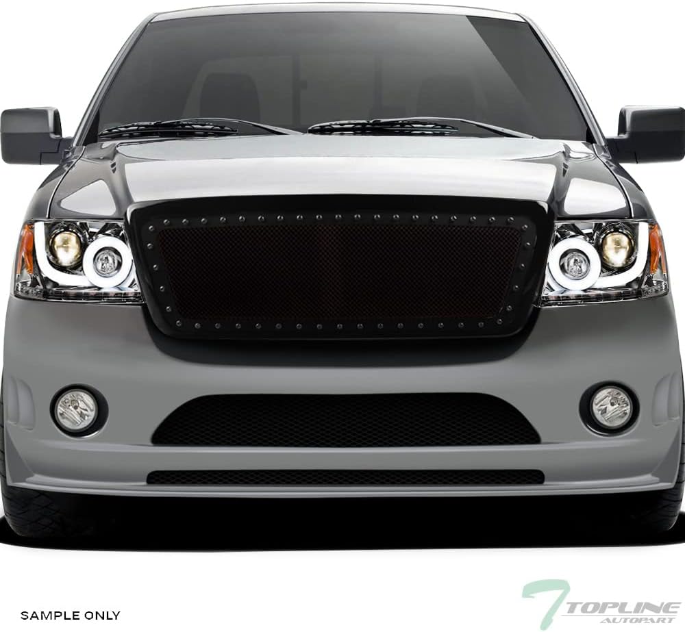 Sequential LED Halo Strip Tube Bar Chrome Housing Projector Headlights Signal Lamps Amber nb + Glossy Black RVT Rivet Bolt Steel Mesh Front Hood