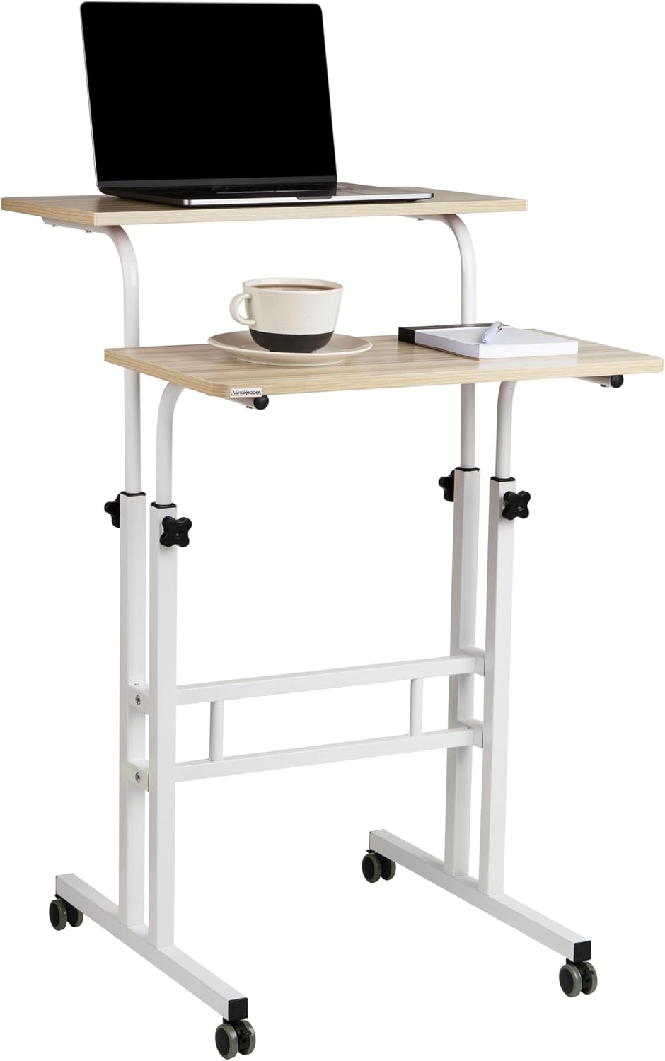 Mind Reader Standing Desk, Adjustable Height Laptop Workstation, Portable Rolling Desk on Wheels, Two-Tier Metal Frame, Black