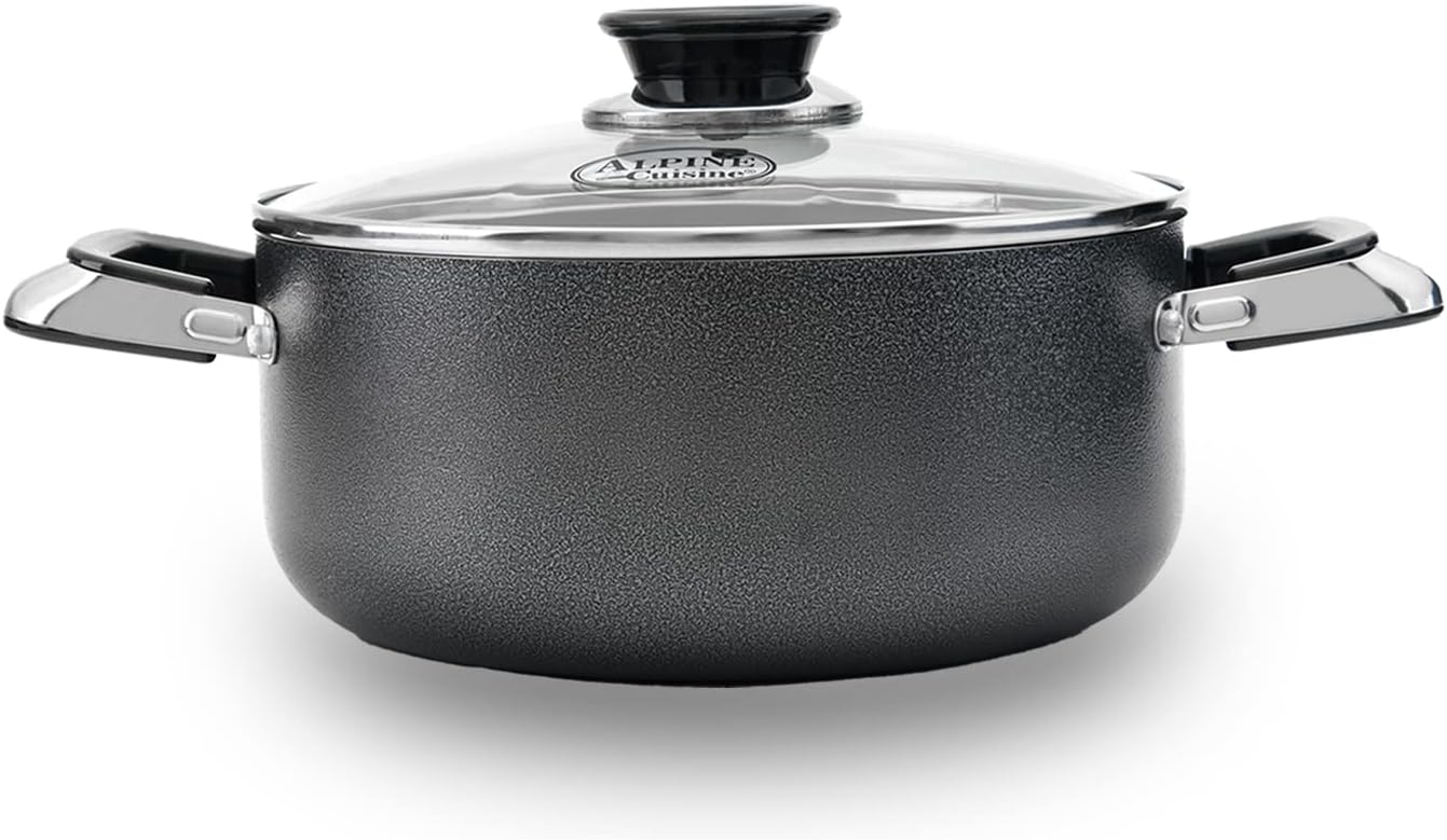 Alpine Cuisine 4 Quart Non-stick Stock Pot with Tempered Glass Lid and Carrying Handles, Multi-Purpose Cookware Aluminum Dutch Oven for Braising, Boiling, Stewing