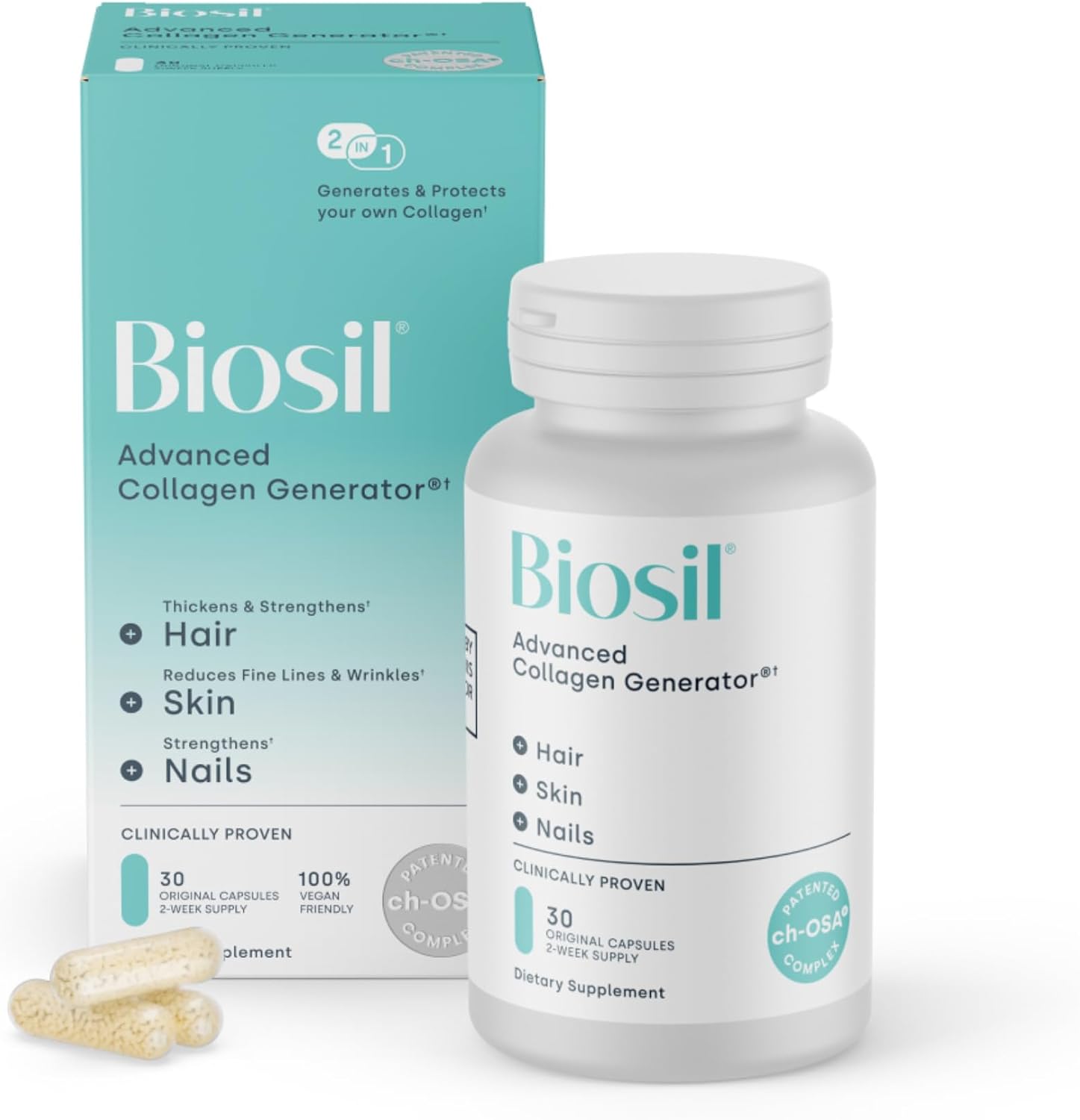 Biosil Collagen Booster Supplement - 120 Original Capsules - Patented ch-OSA Activator for Skin, Hair, Nails & Joints - Supports Natural Production - 60-Day Supply