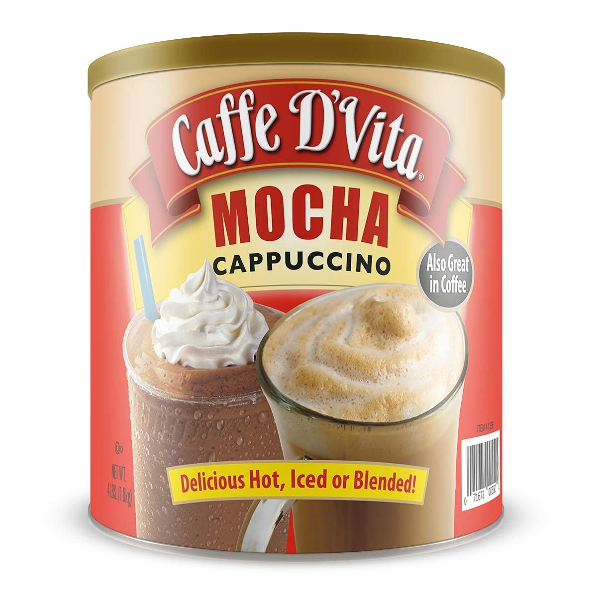 Caffe D'Vita Mocha Cappuccino Mix - 4 lb can (64 oz.) | Instant Cappuccino Mix, Gluten Free, No Cholesterol or Trans Fat, 99% Caffeine Free, Mocha