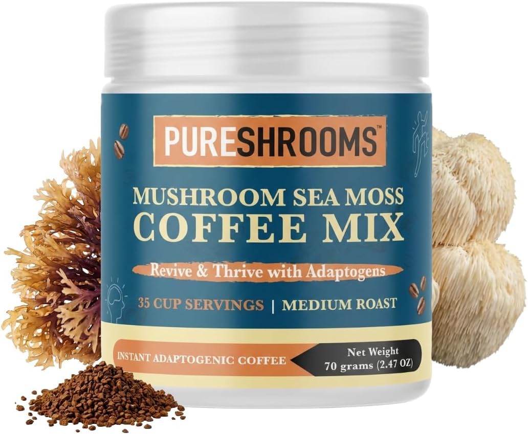 PureShrooms Mind & Body Mushroom Coffee - Instant Colombian Arabica with Organic Lion’s Mane, Reishi & Cordyceps - Low Acidity Nootropic Superfood Beverage for Focus & Vitality, 35 Servings/70g