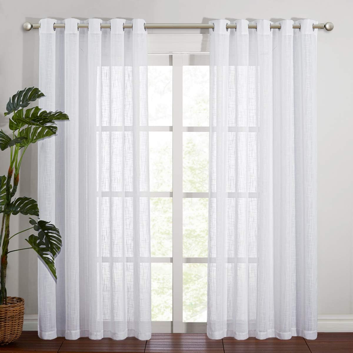 NICETOWN Linen Curtains White Semi Sheer 72 inch Long for Windows, Privacy with Light Filtering Grommet Top Window Treatments for Bedroom/Living Room