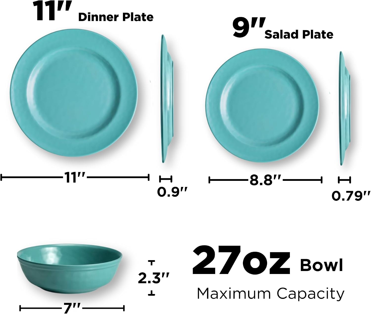 TP 18-Piece Dinnerware Set, Melamine Dishes Set with Bowls and Plates, Service for 6, Non-breakable Lightweight Dining Tableware, Teal