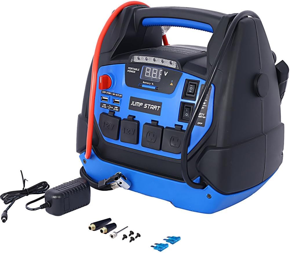 1800 Peak Amp Jump Starter with Air Compressor, 6-in-1 Portable Power Station, 12V AGM Battery Booster for Up to 8.0L Gas & 6.0L Diesel Engines