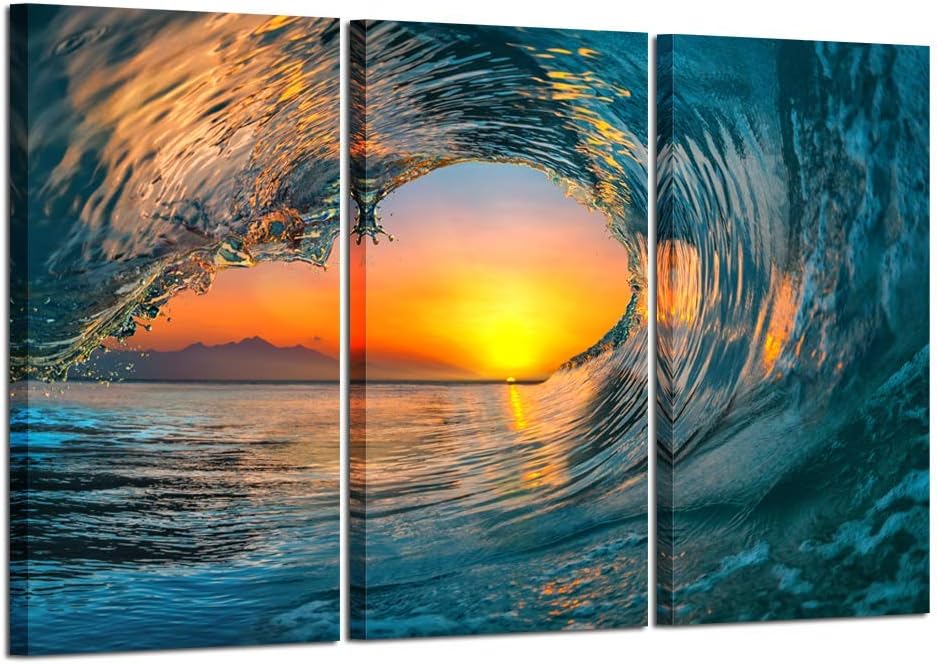 KREATIVE ARTS Large 3 Pieces Canvas Prints Wall Art Sunset Sea Water Ocean | Wave Pictures Paintings Modern Stretched and Framed Seascape Giclee