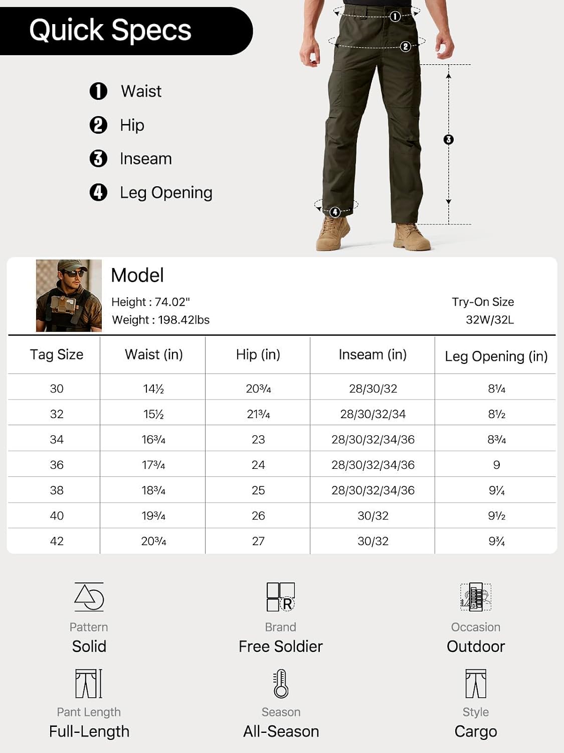 FREE SOLDIER Mens Cargo Work Tactical Pants Ripstop
