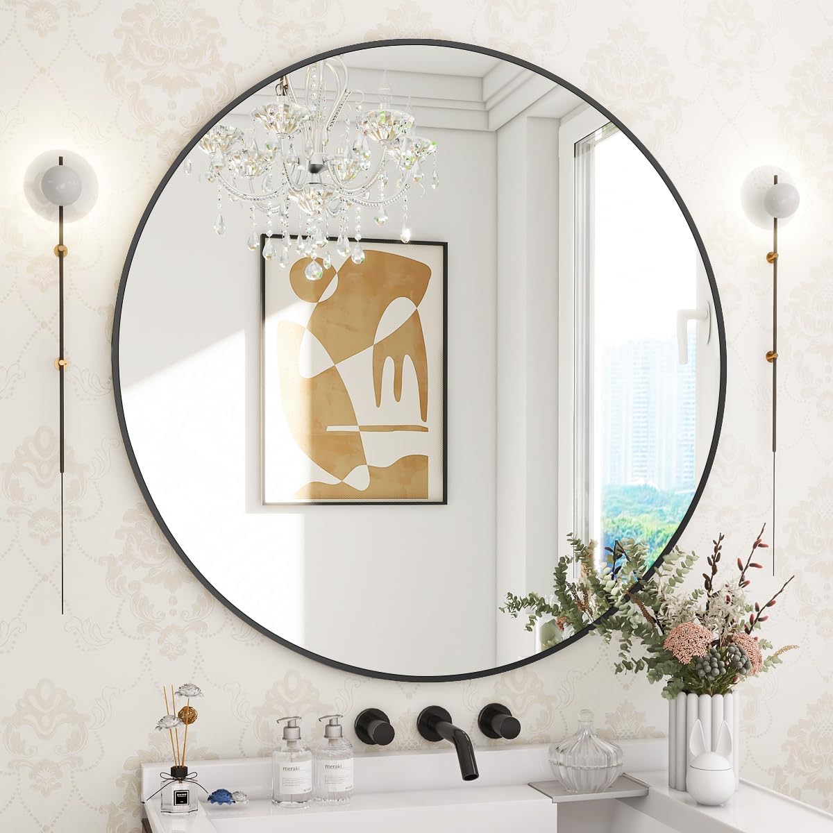 BEAUTYPEAK 24 Inch Round Mirror, Metal Frame Circle Mirror, White