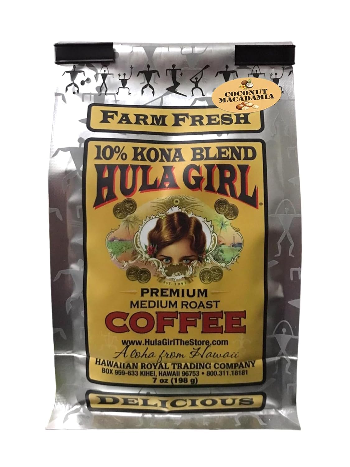 Hula Girl 10% Kona Ground Coffee, Grown in Hawaii, Hand Picked, Sun Dried, Fresh Roasted and Packed in Hawaii for 30 years, 7 Ounce