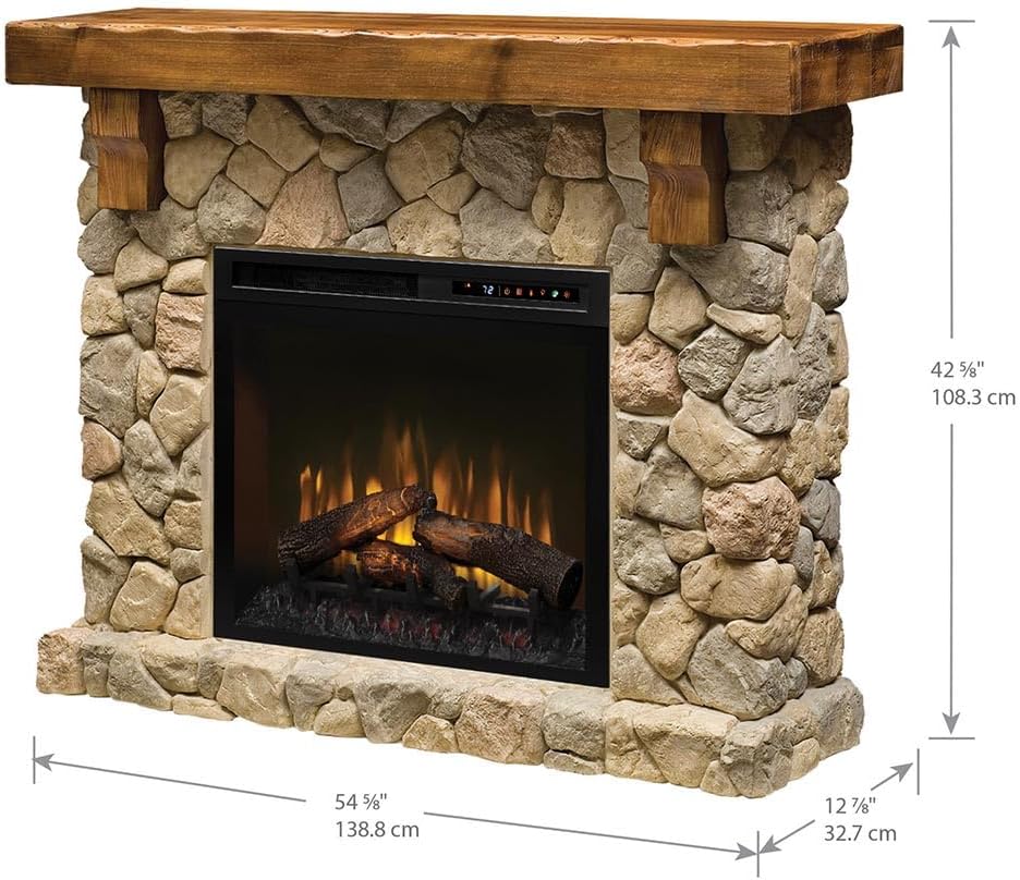 Dimplex Fieldstone Electric Fireplace with Mantel Surround Package | Pine with Natural Stone-Look, Includes 26" Electric Fireplace - #GDS28L8-904ST
