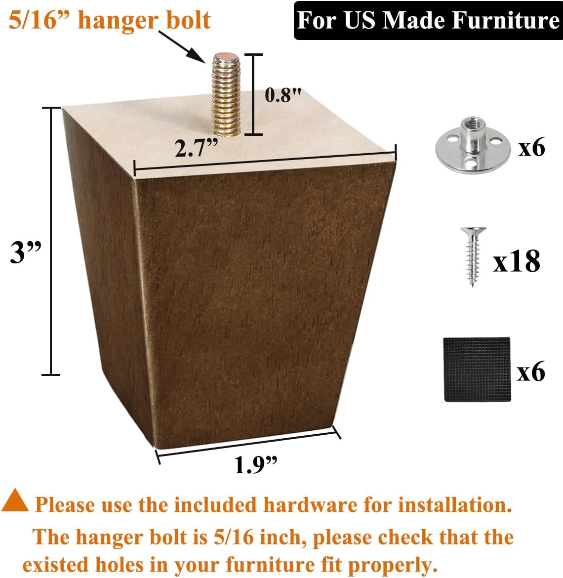 Sofa Legs Square Bed Feet 2 inch Wood Replacement Leg for Furniture Set of 4, Dark Brown