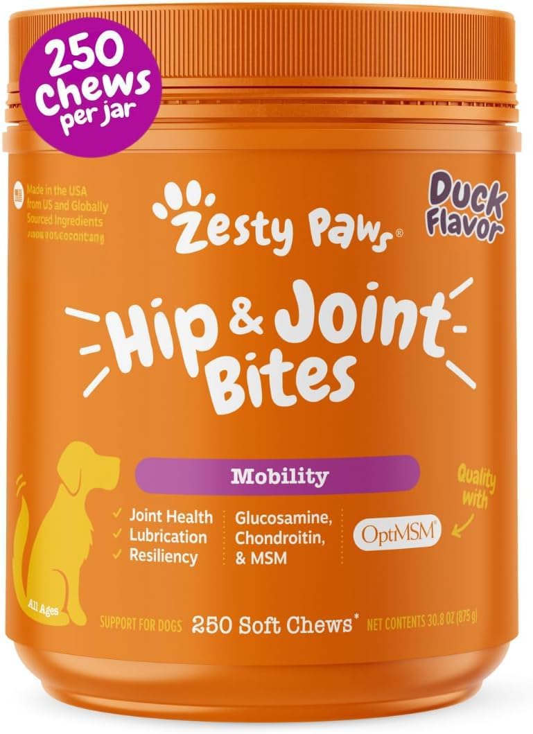 Zesty Paws Hip and Joint Supplement for Dogs - Glucosamine with Chondroitin, MSM, Vitamins C and E Dog Joint Relief - Mobility Bites Duck – 90 Count