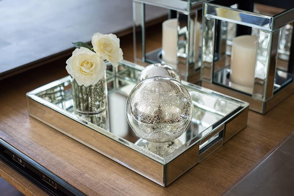 Rectangle Silver Mirror Decorative Tray Size 11” Length x 14” Width x 2” Height, Mirrored Vanity Organizer with Hand