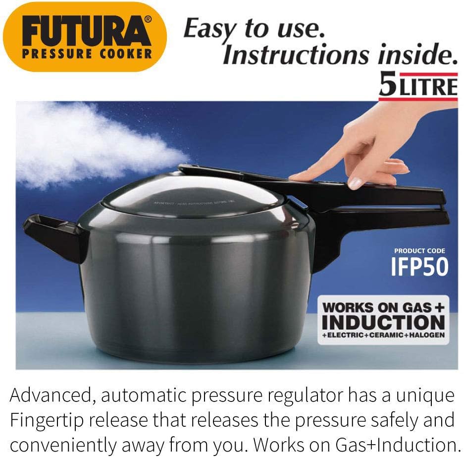 Hawkins Futura 5 Litre Pressure Cooker, Hard Anodised Inner Lid Pressure Cooker, Induction Cooker, Pan Cooker, Black (IFP50)