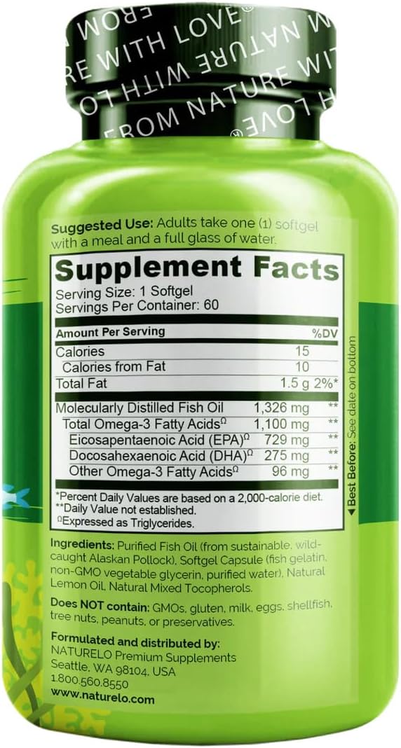 NATURELO Burpless Omega 3 Fish Oil Supplement, 1100mg, 60 Softgels | Triglyceride omega-3, omega 3 DHA EPA, liquid fish oil, 2 months supply