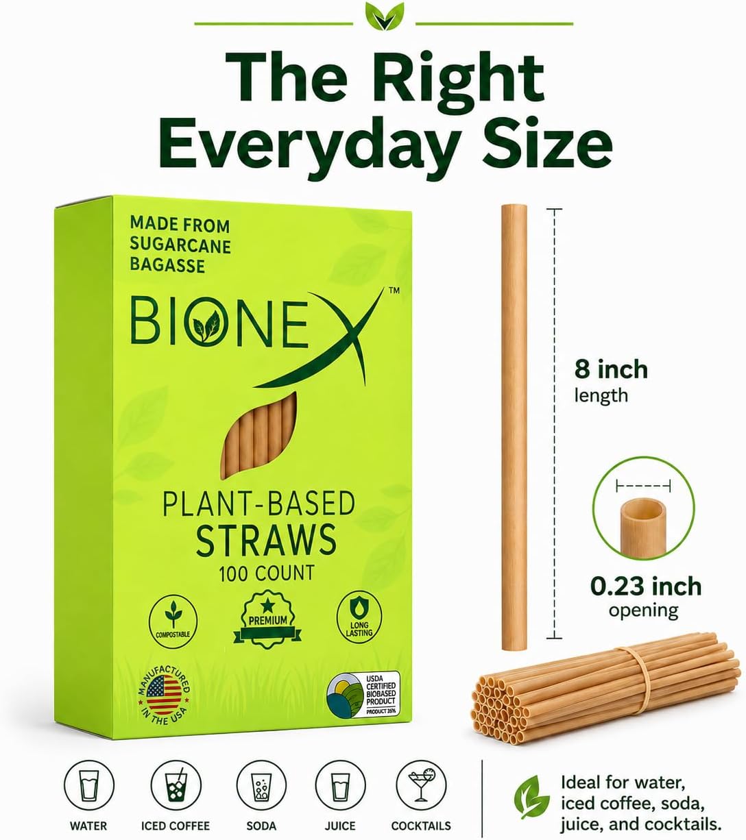 Bionex 8” Sugarcane Straws, 100 Count – Biodegradable & Compostable Disposable Drinking Straws, Made in USA