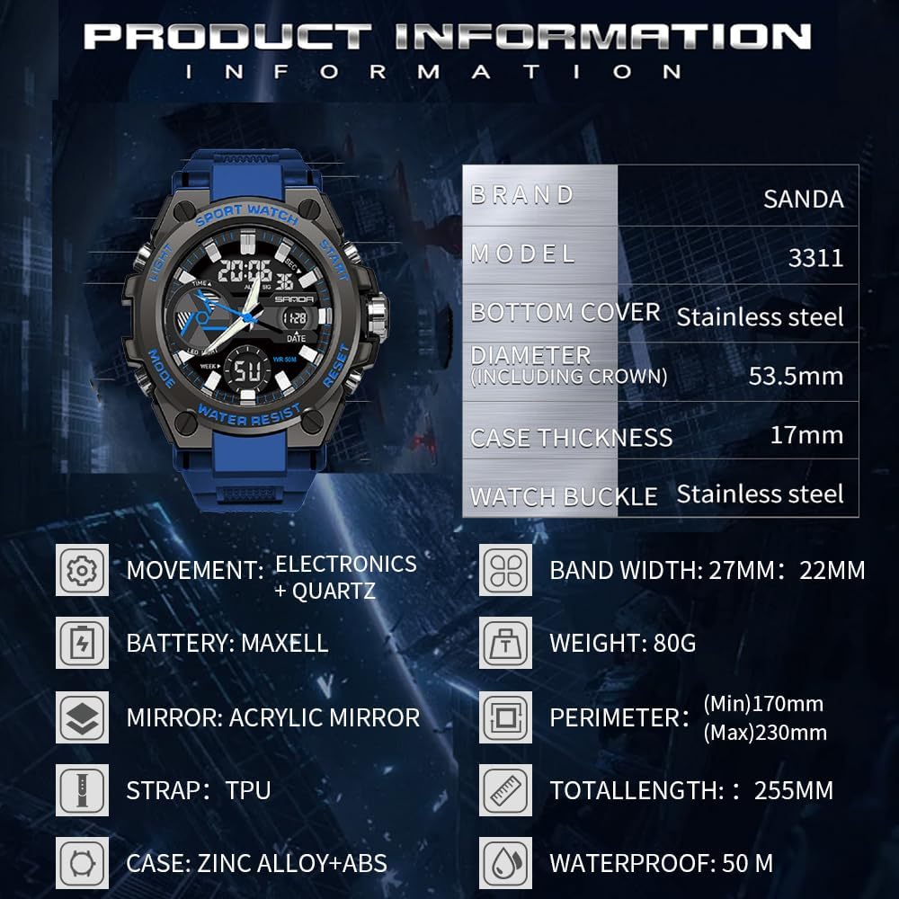 KXAITO Men's Watches Sports Outdoor Waterproof Military Watch Date Multi Function Tactics LED Alarm Stopwatch
