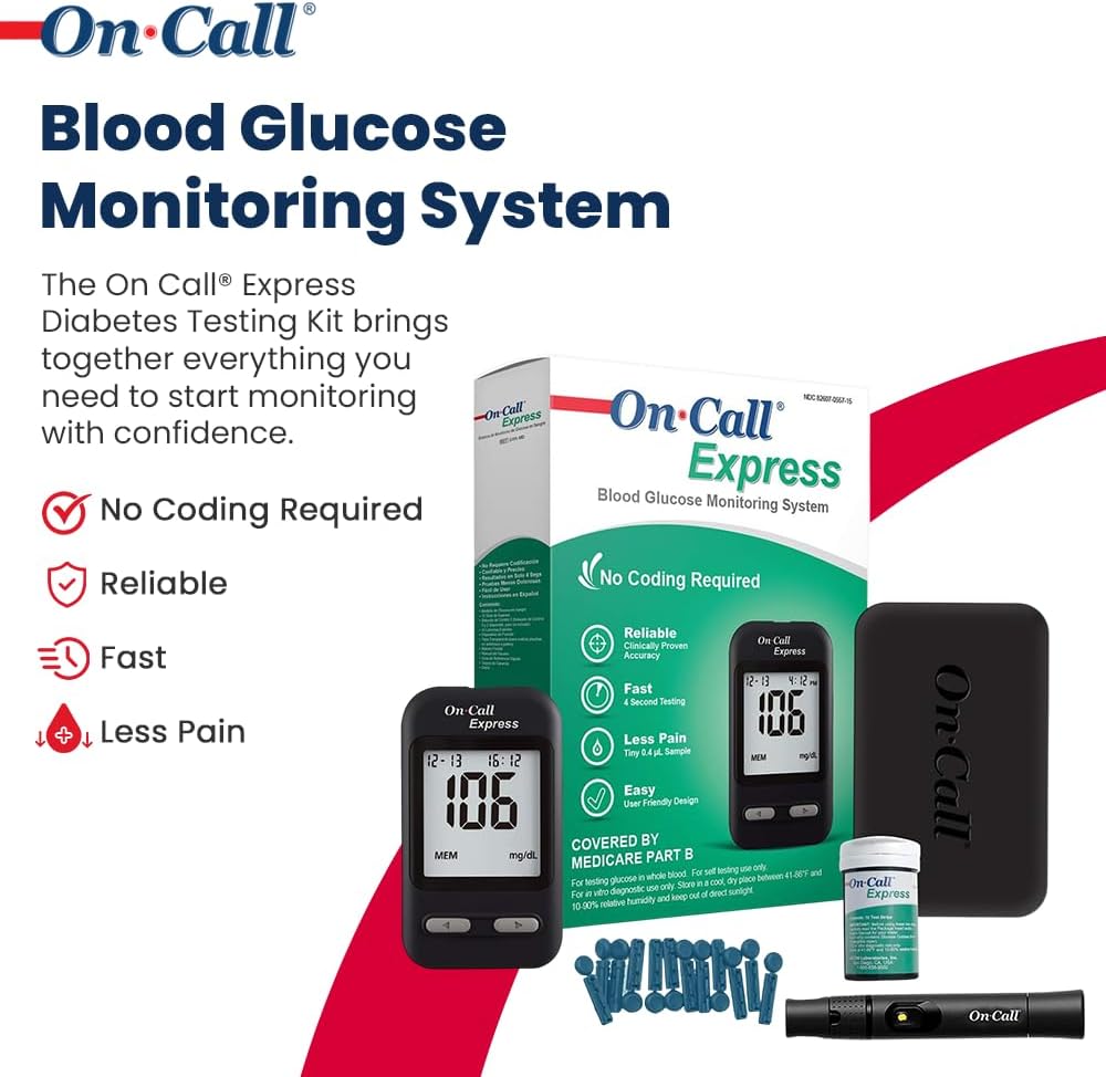 On Call Express Diabetes Testing Kit- Blood Glucose Meter, 10 Blood Test Strips, 1 Lancing Device, 30g Lancets, Control Solution, Carrying Case