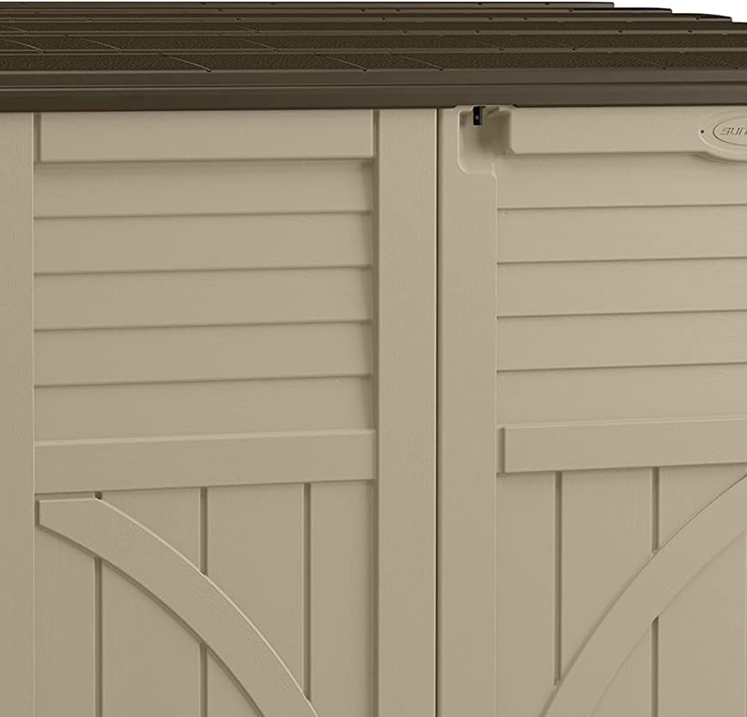 Suncast Horizontal Shed, Compact Outdoor Storage System, 34 Cu. Ft. Capacity, Sand & Slate - Lockable Multi-Wall Resin Organizer for Garbage Cans