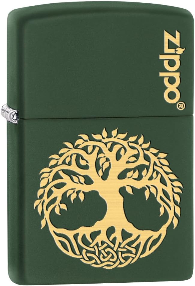 Zippo Lighter: Engraved Tree of Life - Green Matte 79509