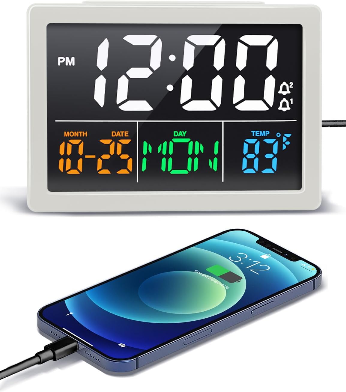 JALL Digital Clock with Date Day for Seniors, Electric Alarm Clocks for Bedrooms with Temperature, 2 Alarms, Dimmer, Dual USB Charger, Battery Backup