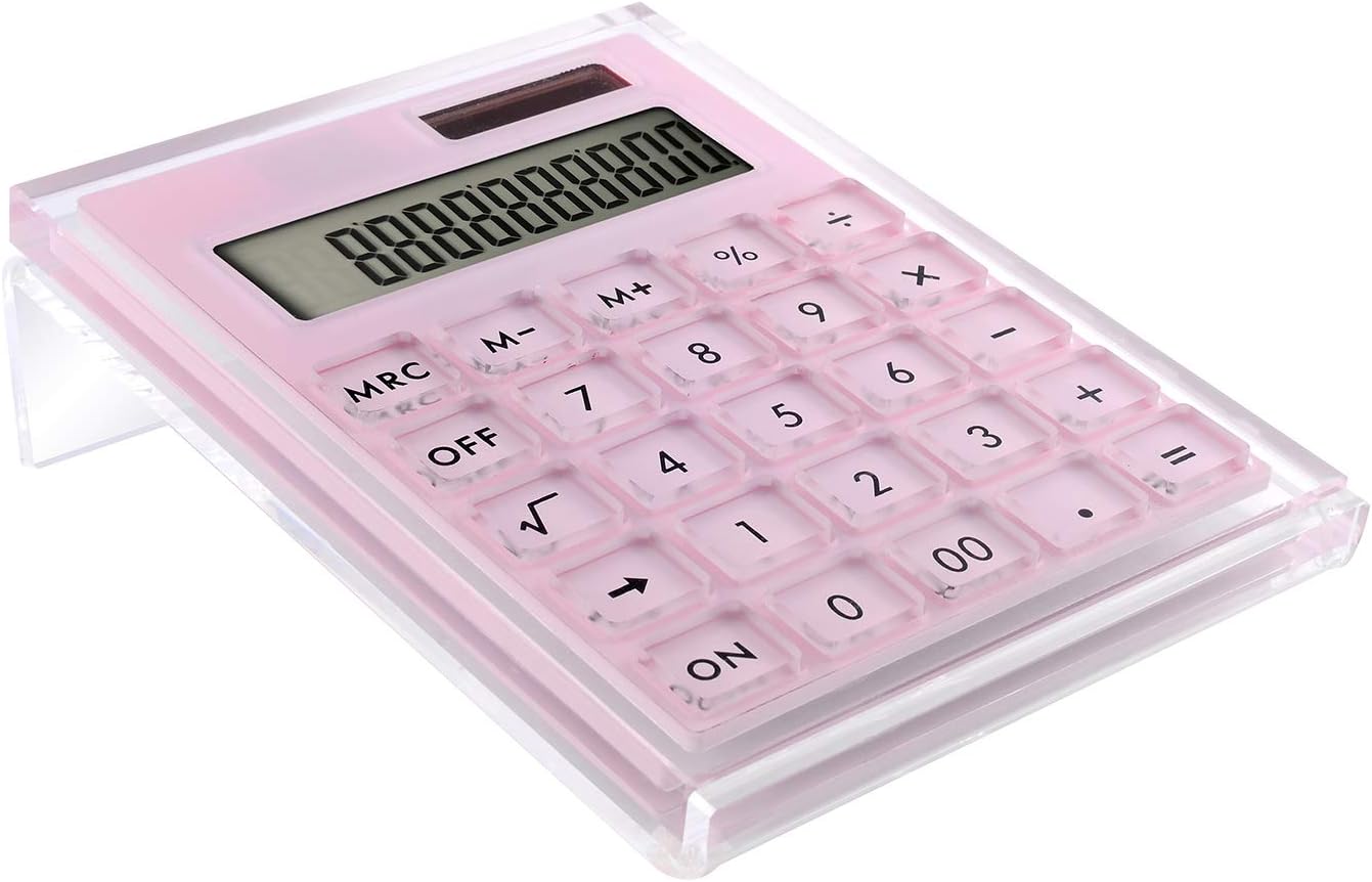 Acrylic Calculator with Stand, Battery and Solar Hybrid Powered Basic Calculator 12-Digit LCD Display,Home Office Desktop Accessories(Silver)