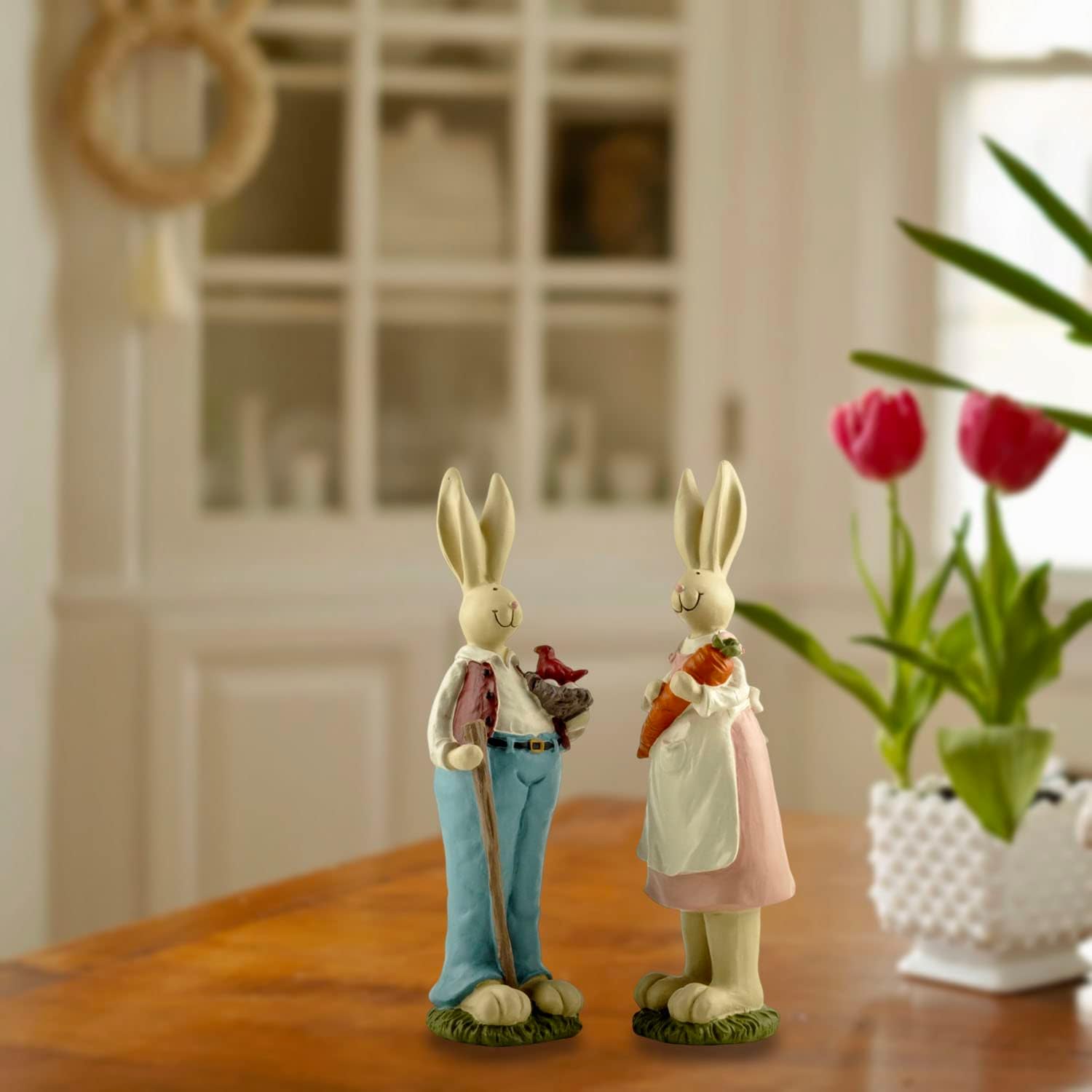 Easter Bunny Decorations Couple Rabbit Holding Bird Chutes and Carrot, Hand-Painted Crafts Statue