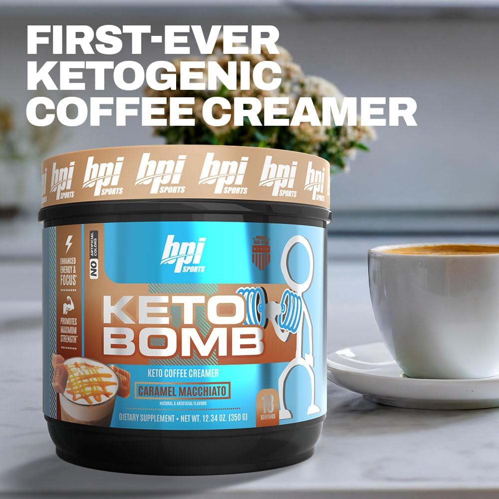 BPI Sports Keto Bomb Coffee Creamer - Supports Energy and Hydration - MCT and Electrolytes - with Calcium - Caramel Macchiato, 18 Servings