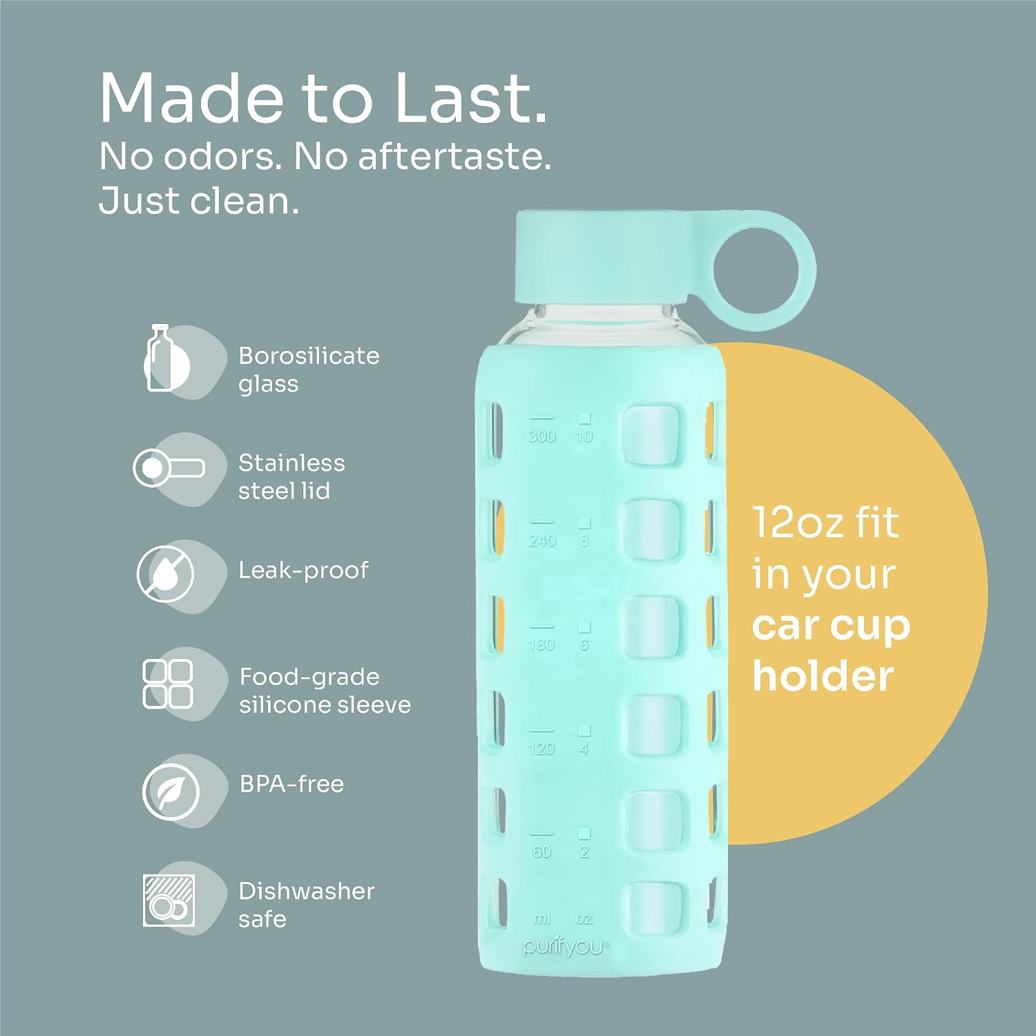 purifyou 40oz / 32oz / 22oz / 12oz Borosilicate Glass Water Bottle with Time & Volume Markers, Silicone Sleeve