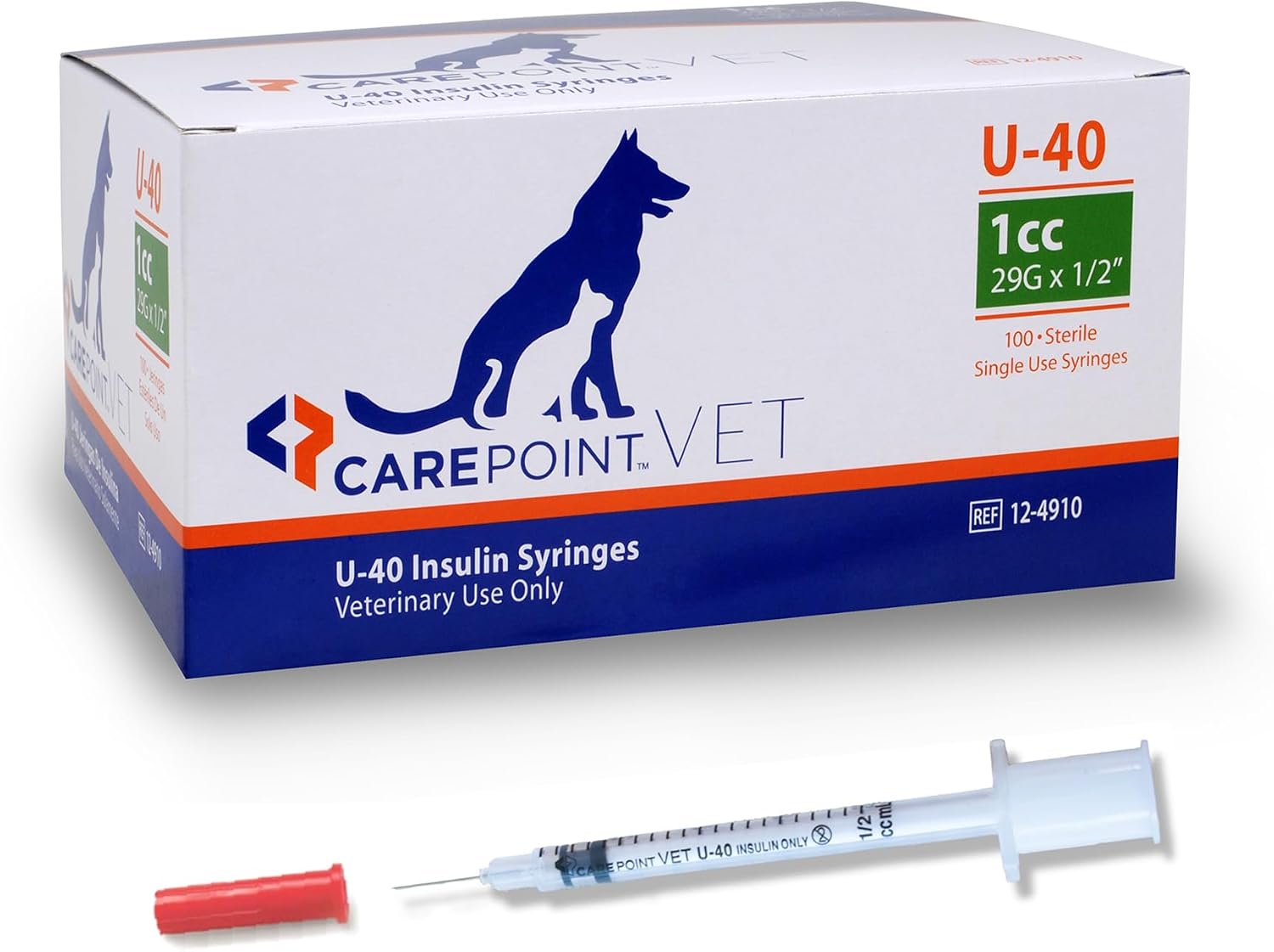 Carepoint Vet U-40 Pet Insulin Syringes, 29G x 1/2" 1/2cc, Comfortable Injection, Bold Permanent Markings for Accurate Dosage, Disposable, Box of 100