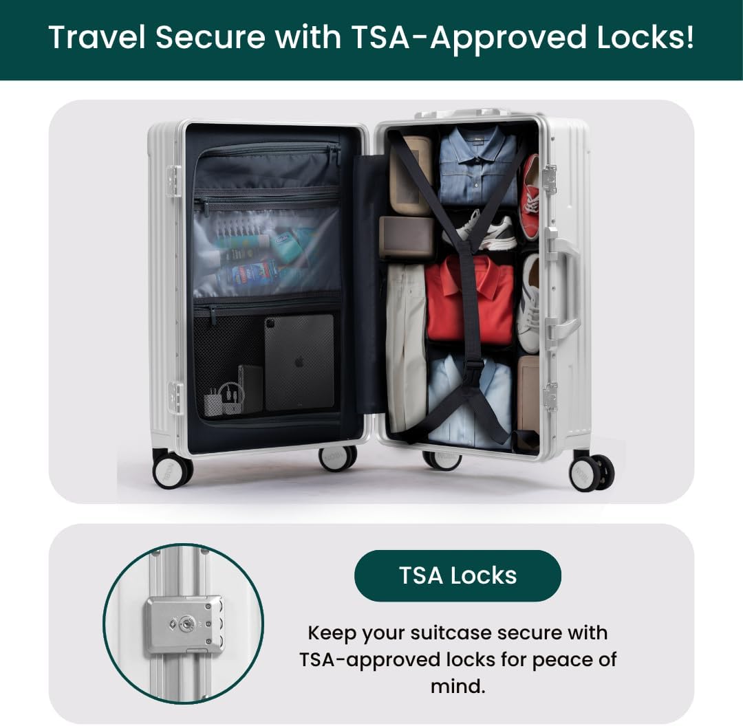 Nobl Travel Carry on Luggage, Zipperless Aluminum Frame, TSA Locks | PC Hard Shell Suitcase, Airline Approved, 360° Spinner Wheels, USB Charging Port, Cup & Phone Holder, 22.5x15x9.5, Ivory