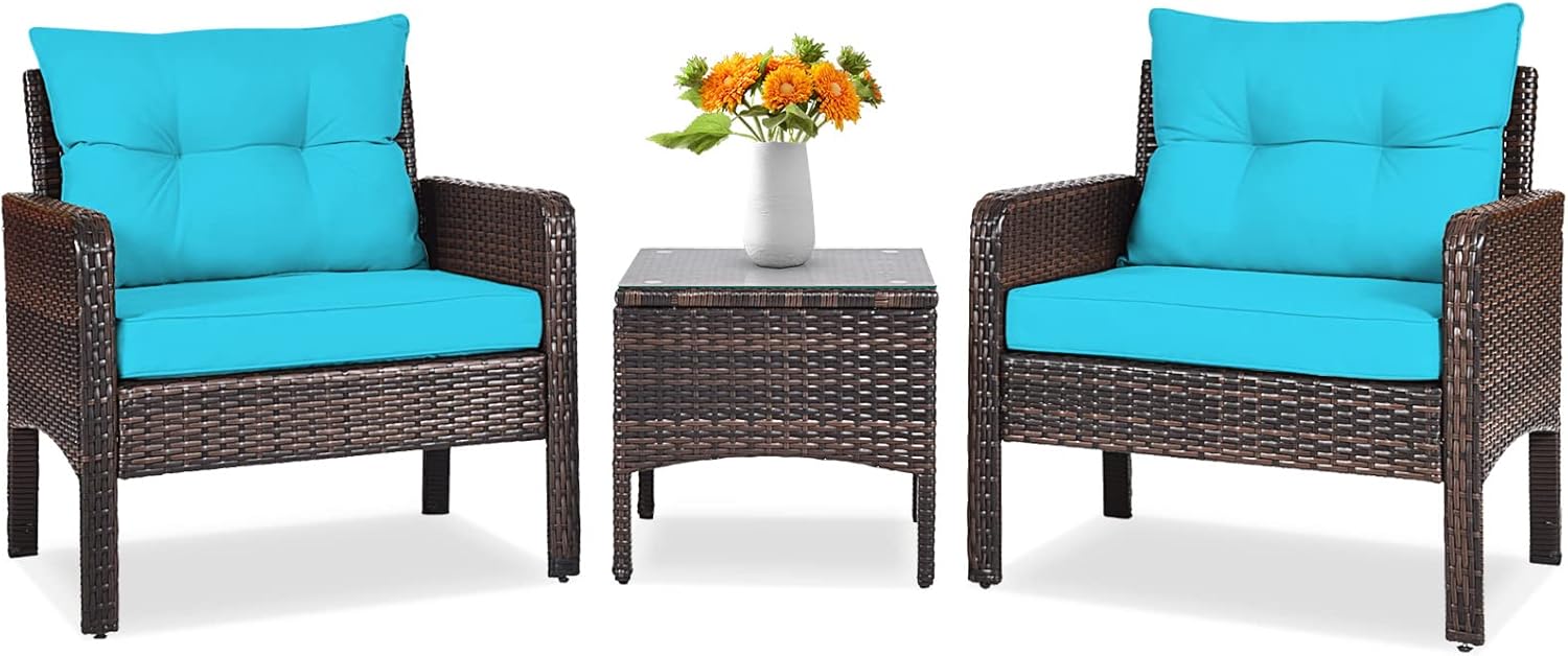 Tangkula 3 Piece Outdoor Patio Furniture Set, Wicker Chairs Set with Glass Top Coffee Table, Thick Cushions