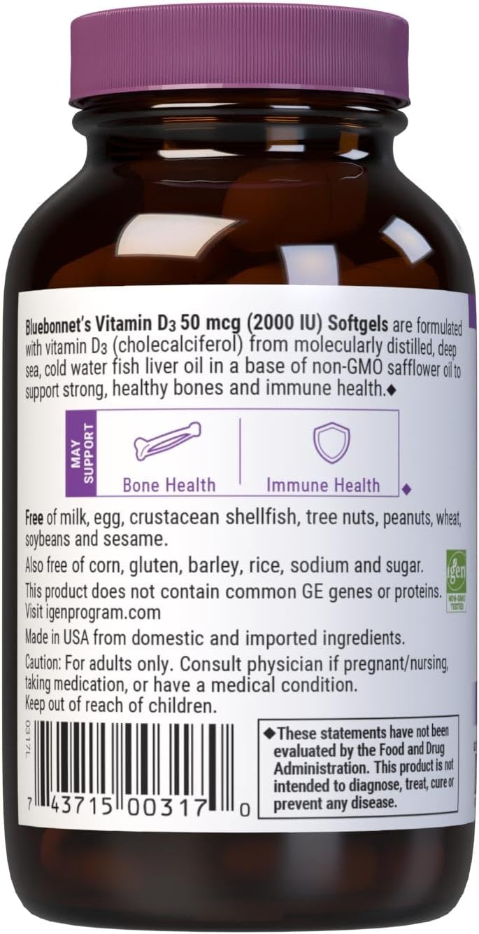 BlueBonnet Nutrition Vitamin D3 2000 IU, 100 Softgels | Strong Bones & Immune Support; Non-GMO